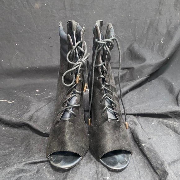 Black Open Toe Suede & Leather Block Heel tie Up Booties by Liliana - Picture 2 of 4